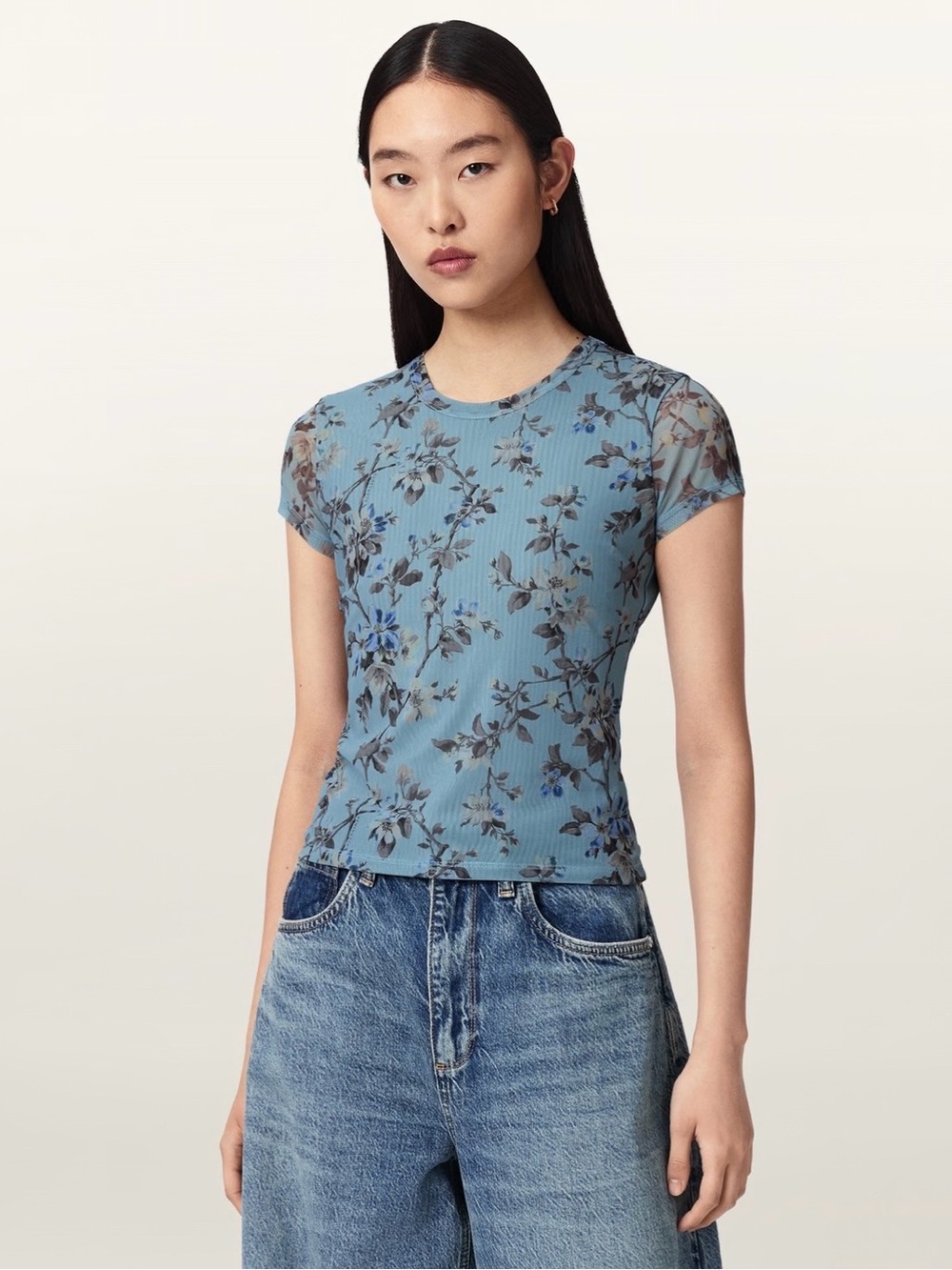 All Saints Ellie Mesh Tee in Vine Lake Blue - Picture 3 of 15